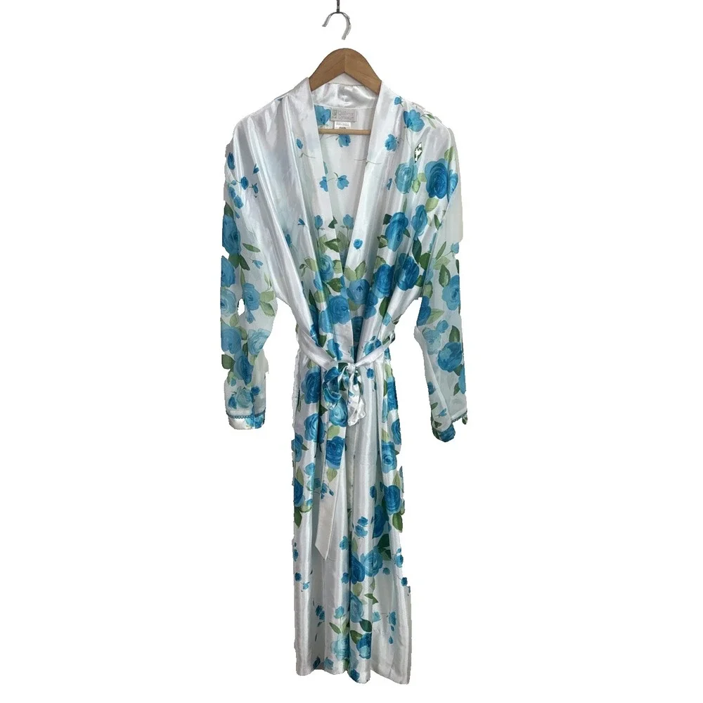 Vtg California‎ Dynasty Womens Robe Sz L Satin Floral Long White Blue Tie